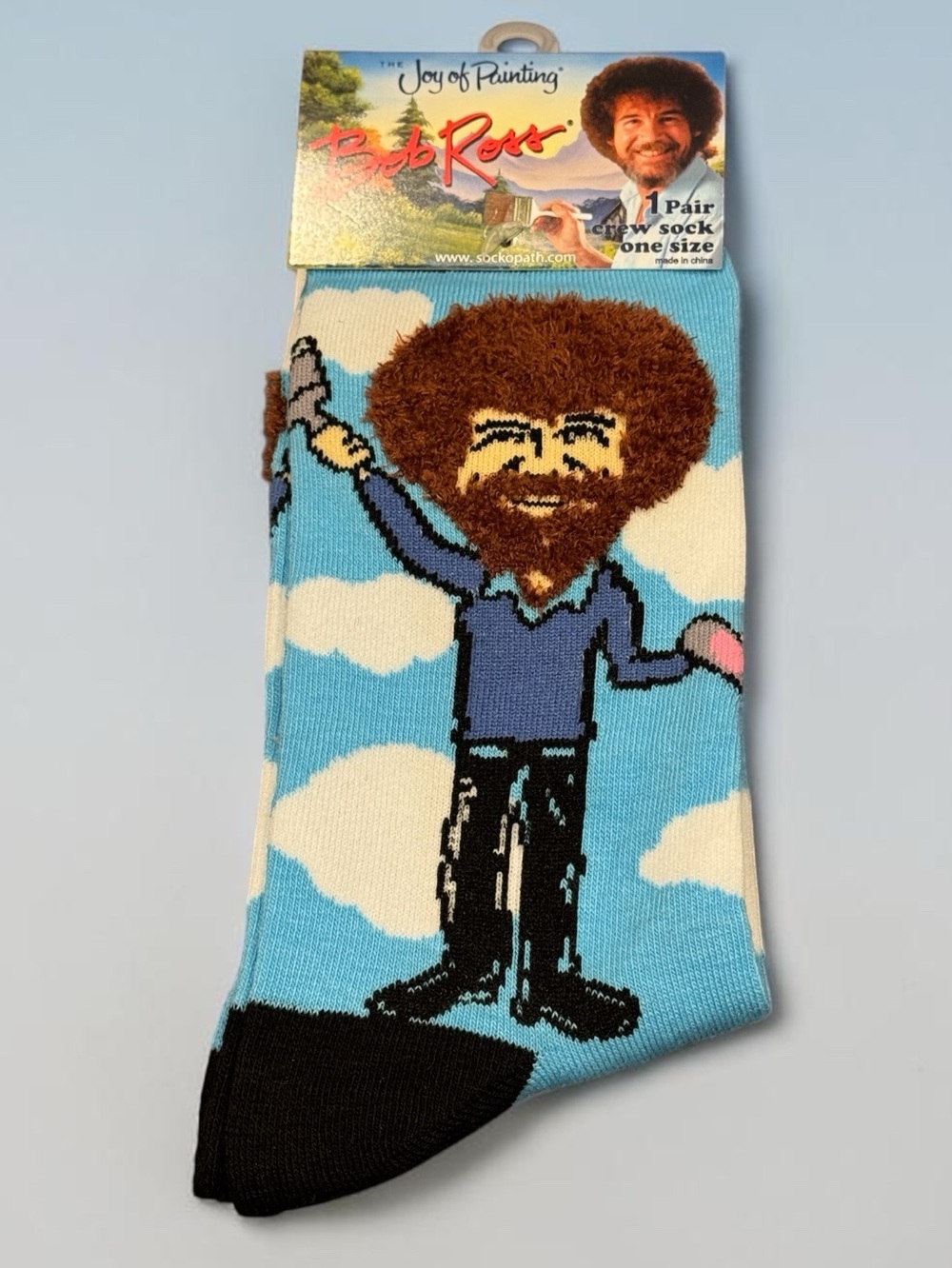 Bob Ross White Crew Socks  Joy of Painting Paint Brush & Artsy Accents Women/Men